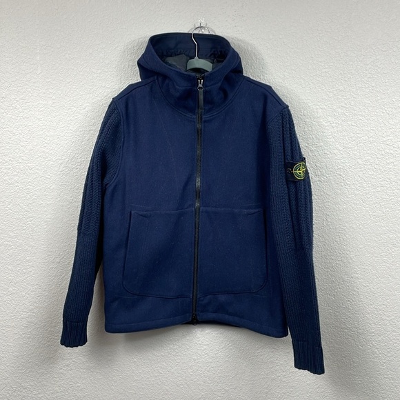 New Stone Island Logo Appliqued Wool Blend Hooded Jacket Blue Knit Sleeve Sz M - Picture 4 of 16